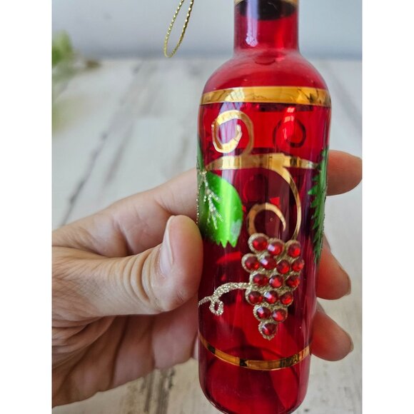 Glass Italian wine champagne bottle rhinestone red ornament Xmas tree - Picture 2 of 8